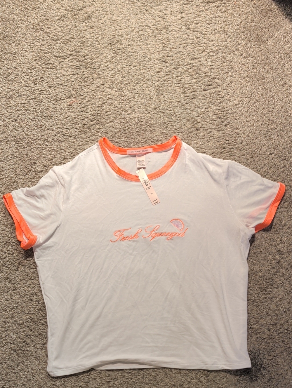 Victoria's Secret White Tee with Neon Coral Trim - "Fresh Squeezed"